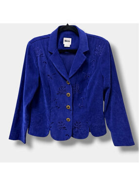 Leslie Fay Petite Blazer Jacket Blue Embroidered Floral Button Front Vintage 14P